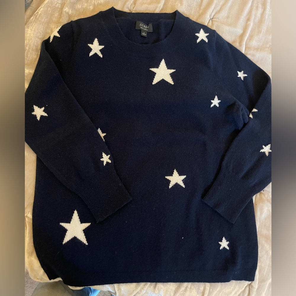 J. Crew Cashmere Sweater Intarsia Knit Stars Blue Women Size Medium